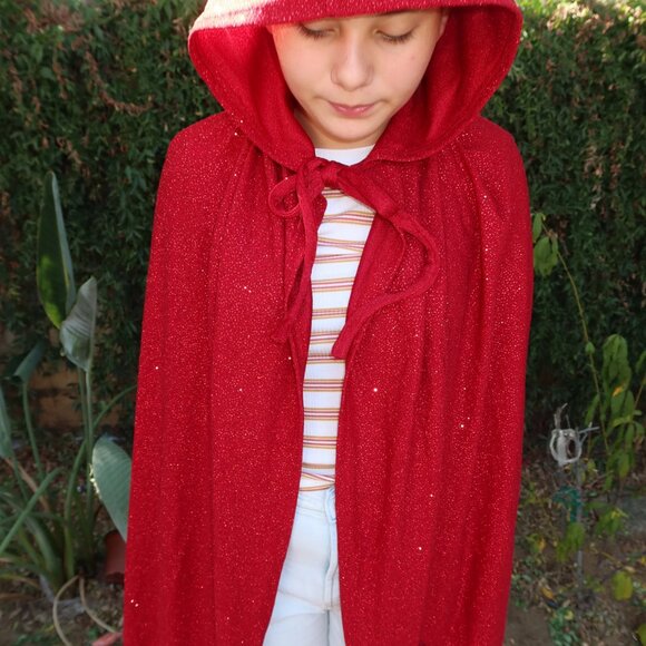 new women adult Halloween costume cape medieval red hooded glitter shimmer - Picture 4 of 5